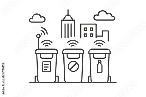 Smart waste management system in an urban setting featuring connected trash bins with sensors and building skyline in the background