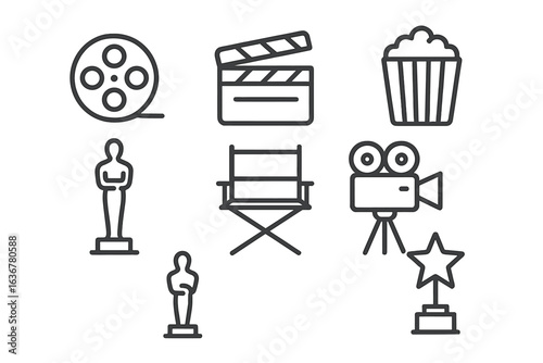 Film production icons including clapperboard, camera, and awards in a creative layout for movie enthusiasts and industry professionals