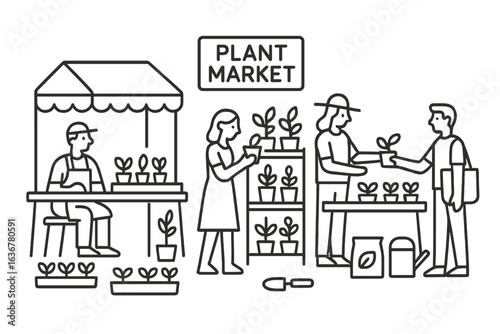 Visitors interact at a vibrant plant market featuring a variety of plants and gardening supplies in a sunny outdoor setting
