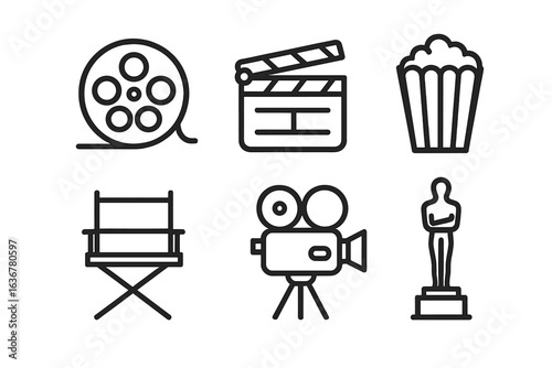 Film making elements including clapperboard, film reel, popcorn, camera, director's chair, and award statuette displayed in a creative layout