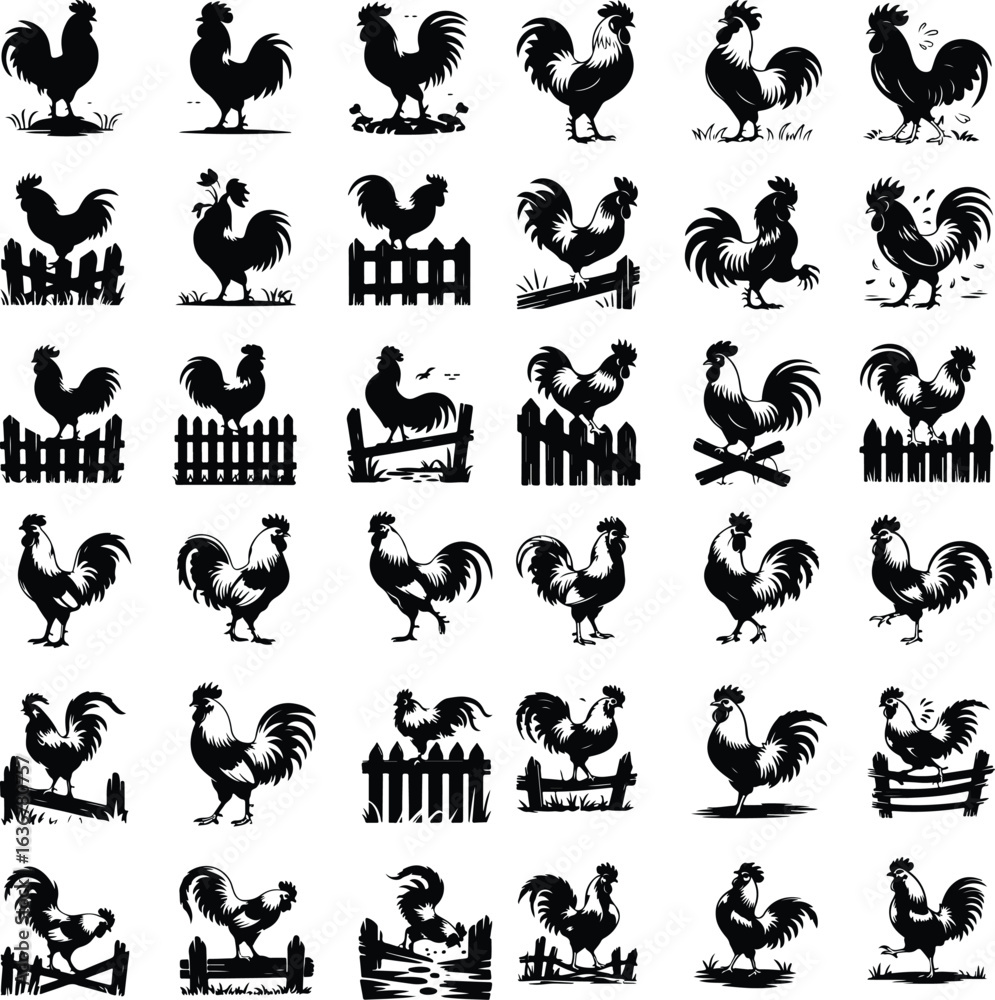 Obraz premium Rooster Crowing on Fence Silhouette – Rural Morning Icon Set Farm Rooster Silhouette on Fence – Sunrise Animal Icon