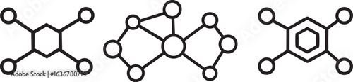 Nanotechnology chemistry icons: benzene ring and aromatic compounds — minimalist vector line set