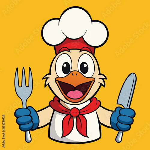 Funny chicken chef holding fork and knife, ready to eat, isolated on white background