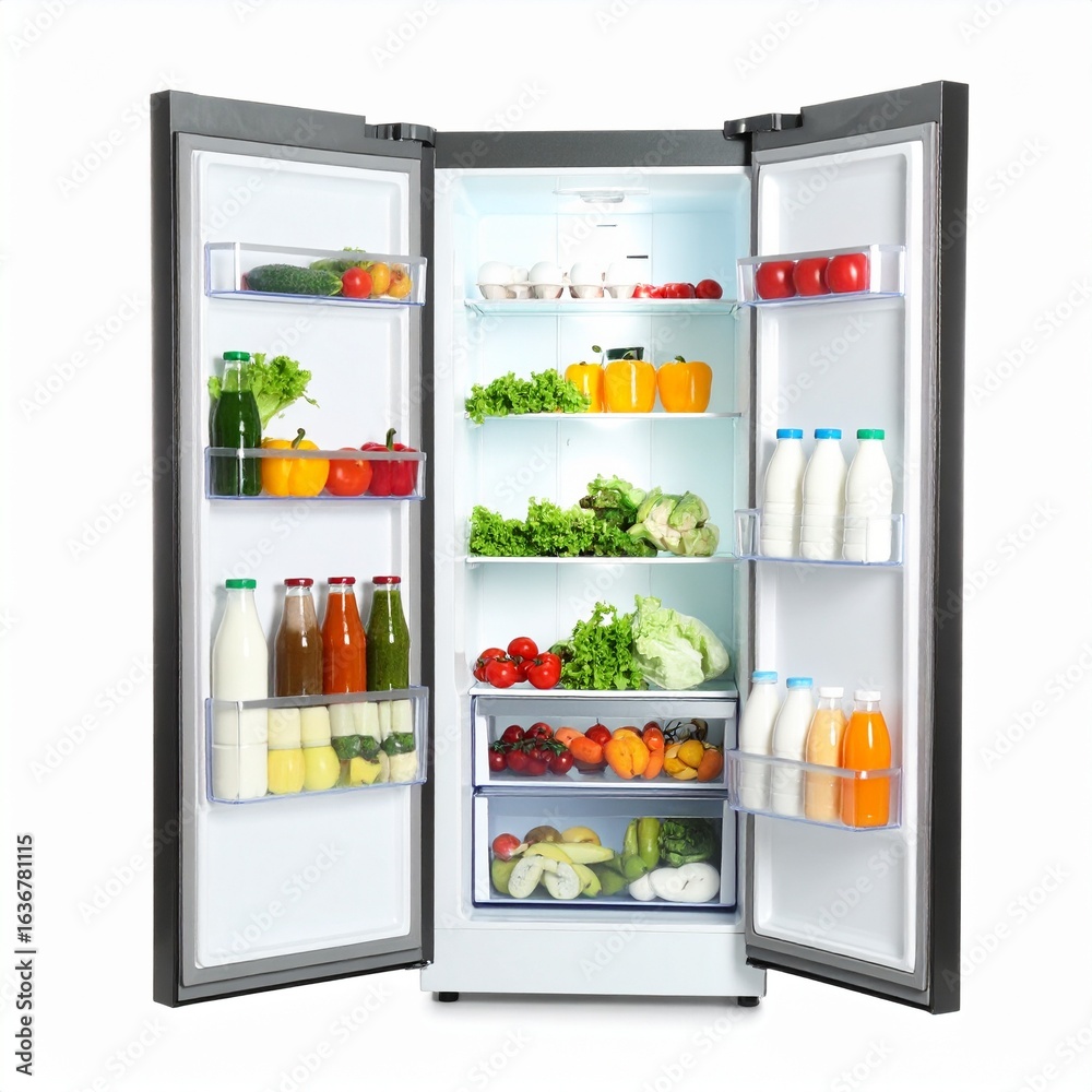An Open Refrigerator Full of Healthy Food, Vegetables, Fruits, and Drinks An Open Refrigerator Full of Healthy Food, Vegetables, Fruits, and Drinks