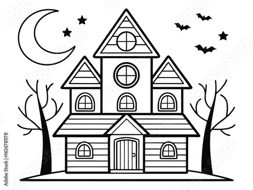 Haunted House Halloween Coloring Page for Kids. Halloween Haunted House Coloring Page with Pumpkins Ghosts and Bats