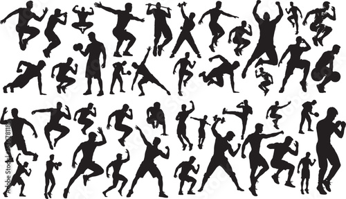 gym workout man silhouette vector fitness training pose set, sports and fitness male silhouette collection for gym exercise, athletic man silhouette vector set for workout and bodybuilding