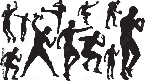 gym workout man silhouette vector fitness training poses, sports and fitness male silhouette set for gym and exercise, athletic man silhouette collection for workout and bodybuilding designs