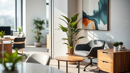 Modern office corner featuring contemporary furniture and abstract wall art.