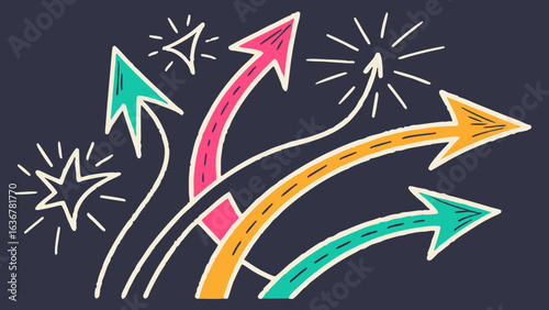 Hand-drawn colorful arrows pointing upwards;  dynamic growth, success, and positive change concept; playful, vibrant style.