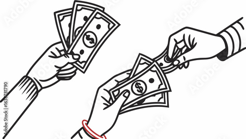 Hand Drawn Line Art Illustration: Cash Transaction, Money Exchange, Simple Payment Concept