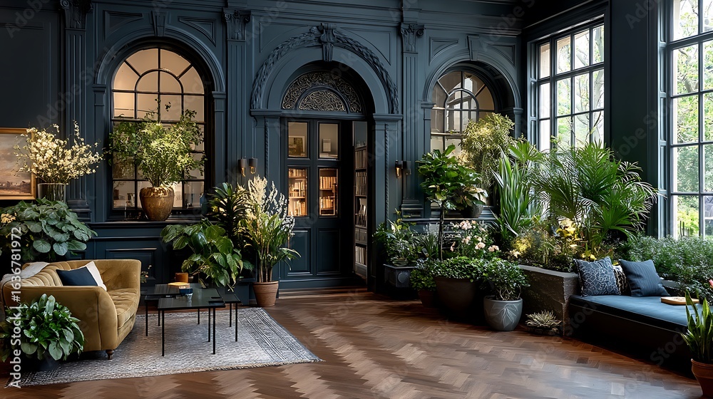 Fototapeta premium Classic architecture meets greenery indoors high resolution photo