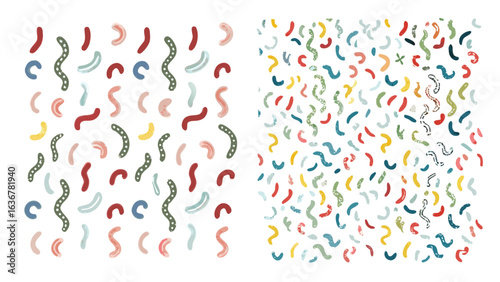 Two patterns with colorful abstract shapes and lines scattered on a white background in a playful arrangement