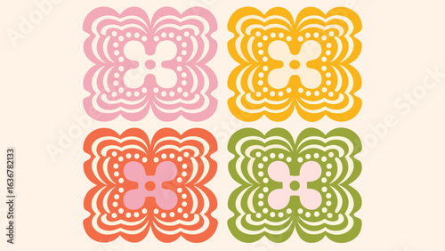 Four floral patterns with wavy edges and central circular motifs in pink yellow orange and green hues