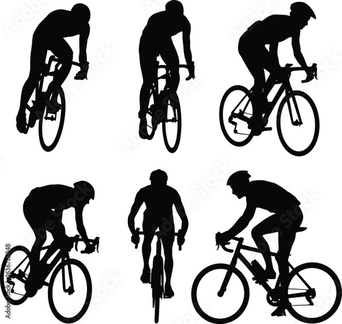 Silhouettes of cyclists riding road bikes, competitive racing, group cycling, endurance sport, fitness, outdoor exercise, vector illustration