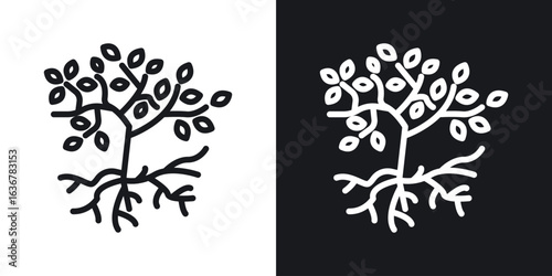 Tree with roots and leaves icons. Illustration of outline icons