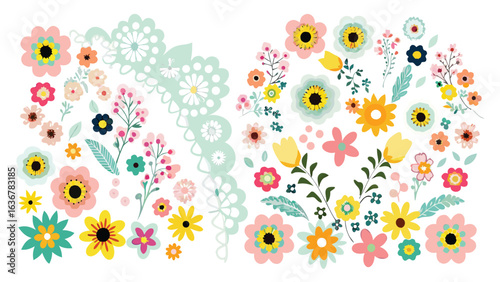 Illustration featuring two clusters of colorful flowers and decorative lace on a white background