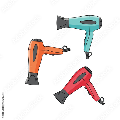 Collection of three colorful hair dryers in red orange and teal for styling hair at home or in a salon setting for personal grooming needs