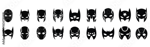Collection of Superhero Masks and Helmets in Black Silhouette Style vector illustration
