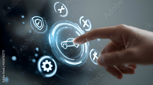 Futuristic Automotive Interface: Finger Selecting Smart Car Services on a Glowing Digital Display.