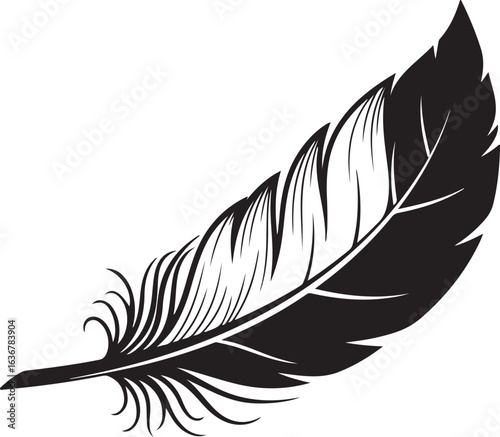 Black silhouette of a single feather on a white background quill writing