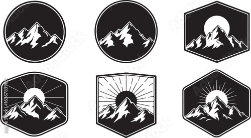 Mountain landscape logos emblems and icons set with sun and moon mountains