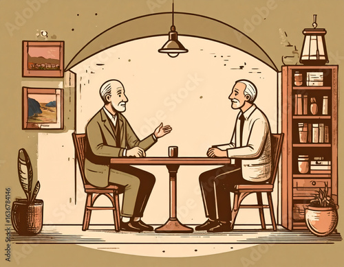 Two Elderly Men Conversing at a Table in a Cafe Setting