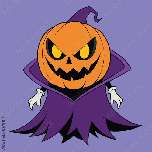 Scary jackolantern monster with witch hat and purple cape