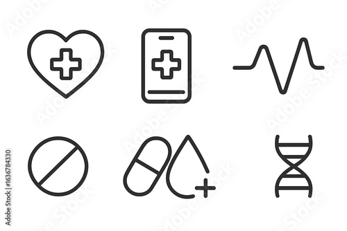 Health and wellness icons representing medical care, technology, and diagnostics in a modern health environment