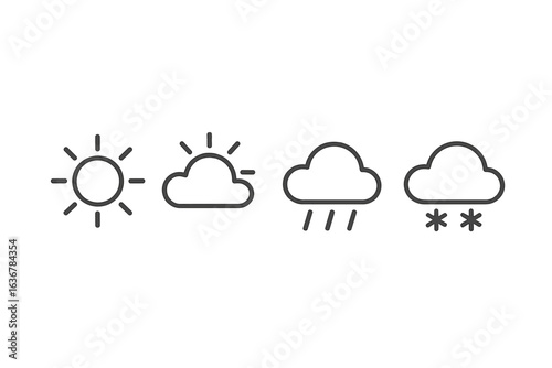 Weather icons representing sun, clouds, rain, and snow in a minimalistic style showcasing different weather conditions