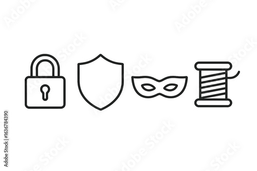 Security symbols illustrating safety, identity concealment, and crafting tools in a minimalistic style