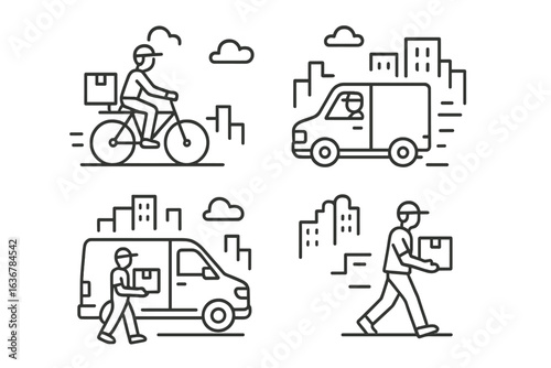 Delivery services include cycling and walking with packages in an urban environment during daylight hours