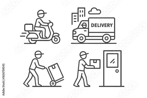 Delivery service illustrating various stages from pickup to drop-off in an urban setting