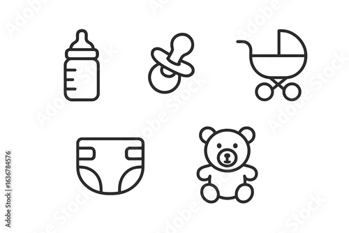 Collection of baby essentials including a bottle, pacifier, stroller, diaper, and teddy bear displayed in simple line art