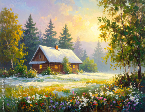 Serene Winter Cabin in a Forest Clearing at Sunset