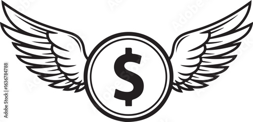 Black silhouette of a dollar coin with wings, symbolizing money flying away currency