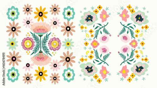 Floral arrangement featuring a variety of colorful flowers and decorative elements in a symmetrical design