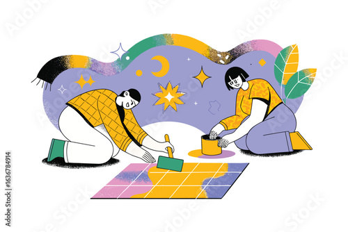 Tile work execution featuring two individuals one male and one female playing and having fun while painting a colorful mural together surrounded by vibrant patterns
