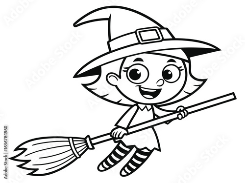 Halloween witch flying on a broom. Black and white vector illustration for coloring book