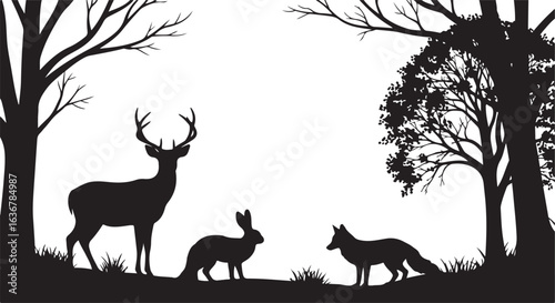 Silhouette of deer fox and rabbit in forest with trees and grass animal wildlife