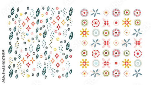 Illustration featuring floral and geometric elements in a decorative pattern with a split design style