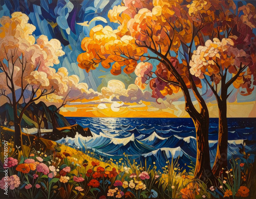 Autumn Coastal Scene with Vibrant Trees and Sunset