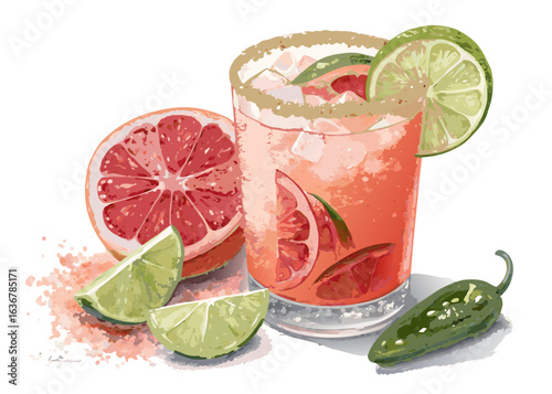 Watercolor Paloma Cocktail Illustration – Refreshing Grapefruit Drink Art

