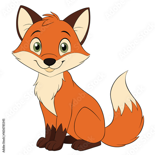 Cute cartoon fox sitting and smiling isolated on white background
