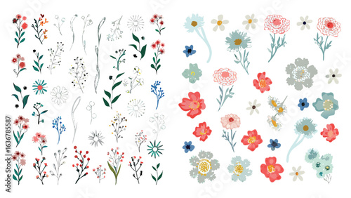 Illustration featuring a variety of colorful floral elements and botanical arrangements on white background
