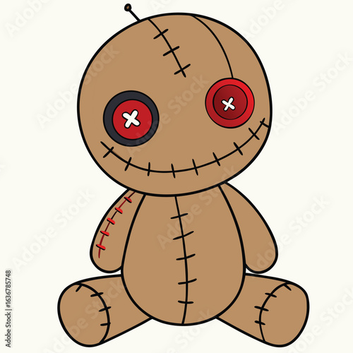 Cute cartoon voodoo doll sitting isolated on white background