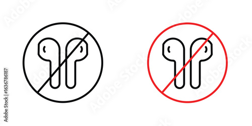 No earbuds allowed signs. Illustration of outline icons