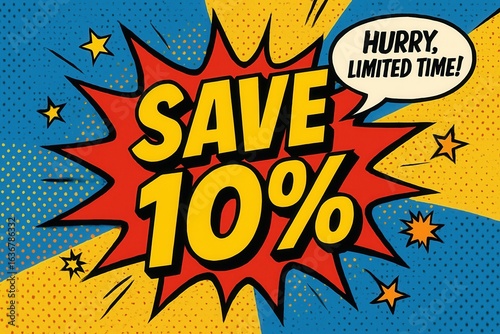 Pop art-style promotional banner with bold text saying 