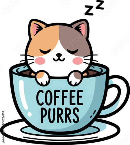 Cat sleeping in a coffee cup. Funny "Coffee Purrs" pun illustration.