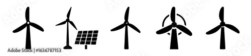 Renewable energy resources featuring wind turbines and a solar panel in black