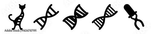 Black and White Cartoonish Animals and DNA Strands Aligned on a White Background